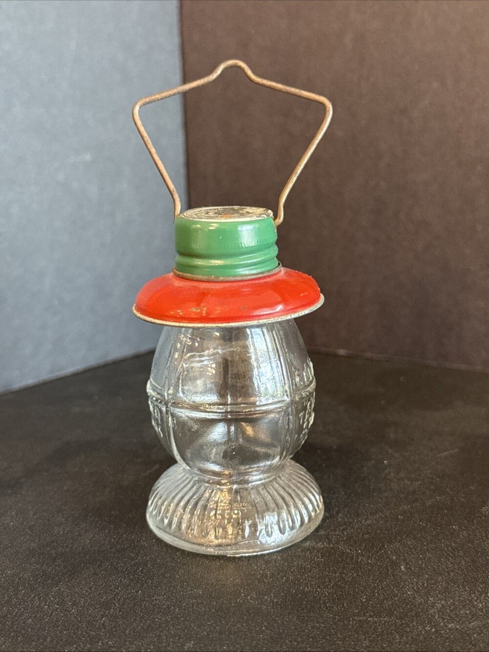Vintage T.H. Stough Co Glass Railroad Lantern Candy Container Red Green Tin 3”